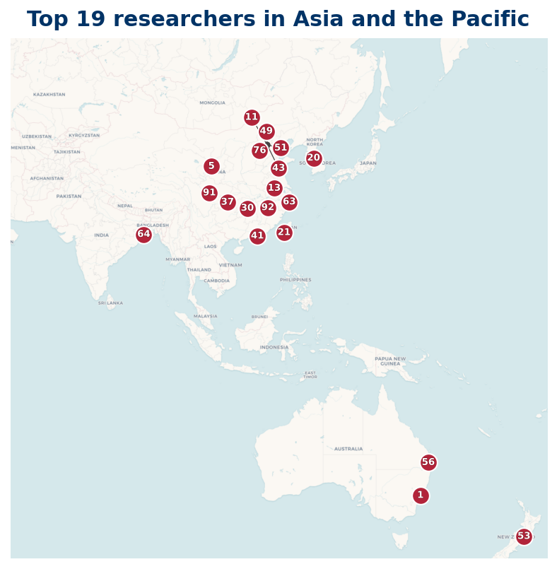 Map of Asia and the Pacific Top 100 researchers